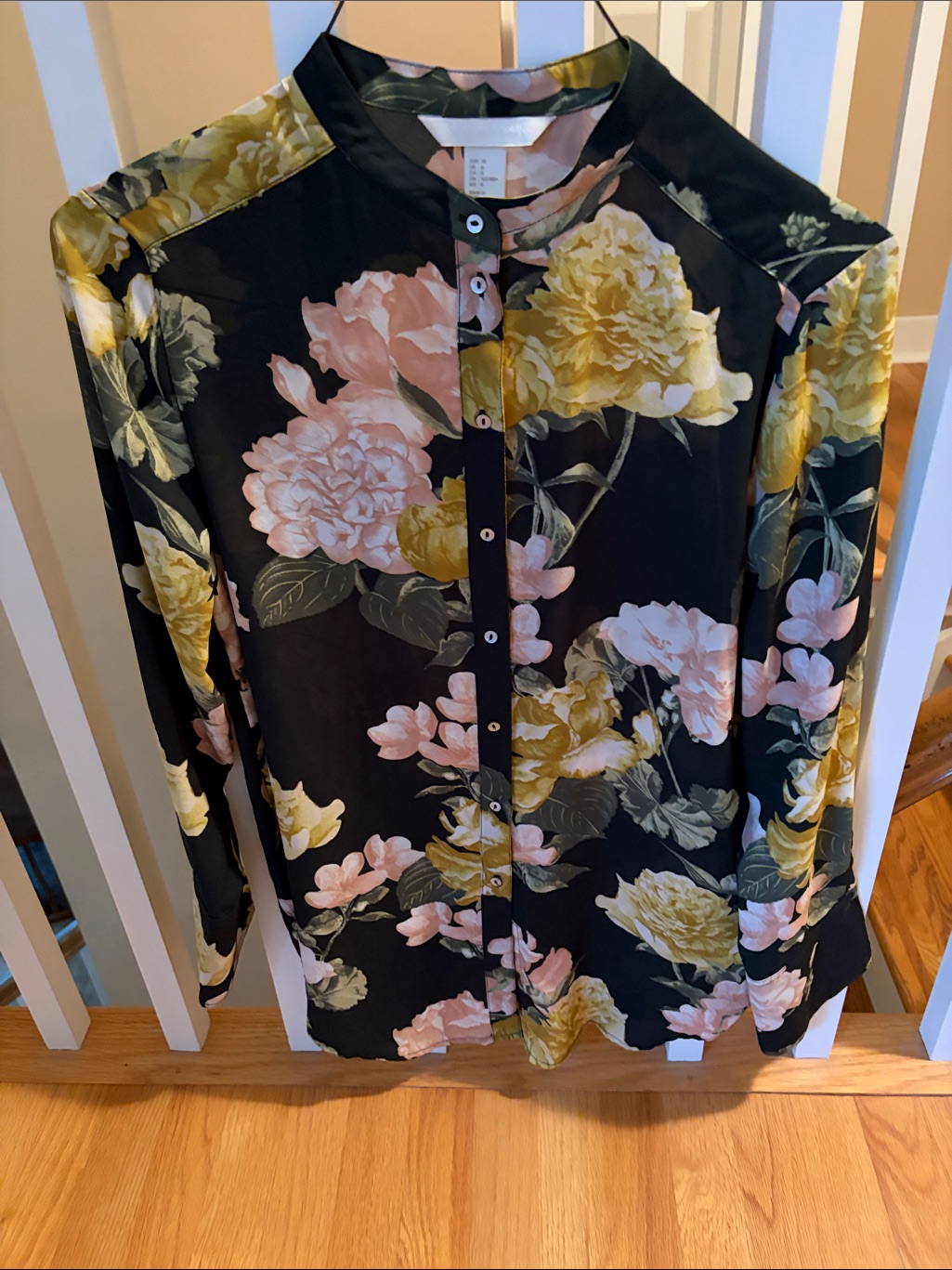 Black Floral Button-Front Women's Blouse With Pink & Yellow Blooms